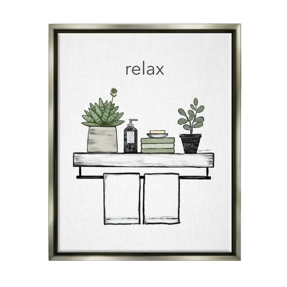 Stupell Relax Bathroom Potted Botanicals Typography Painting Gray Floater Framed Art Print Wall Art