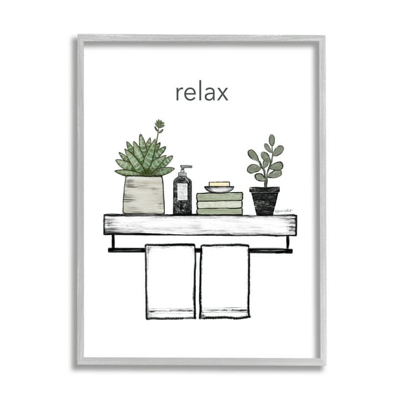Stupell Relax Bathroom Potted Botanicals Typography Painting Gray Framed Art Print Wall Art