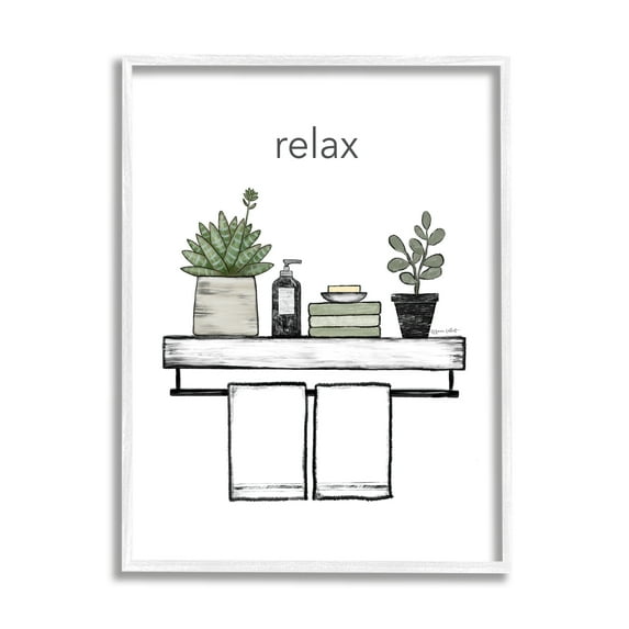 Stupell Relax Bathroom Potted Botanicals Typography Painting White Framed Art Print Wall Art