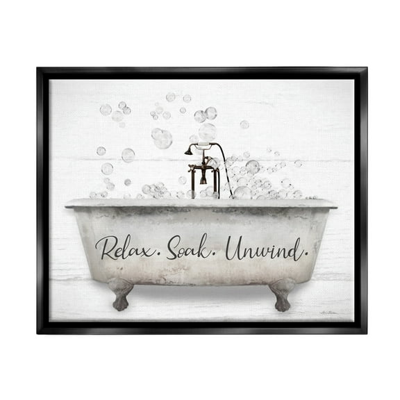 Stupell Relax Soak Unwind Bathtub Bubbles Typography Painting Black Floater Framed Art Print Wall Art