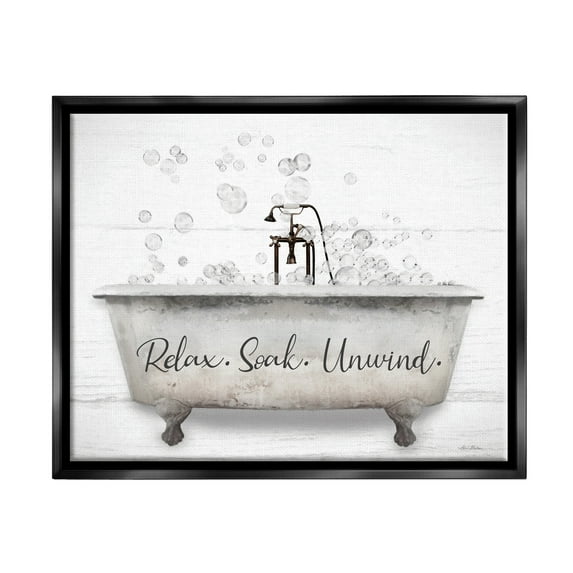 Stupell Relax Soak Unwind Bathtub Bubbles Typography Painting Black Floater Framed Art Print Wall Art