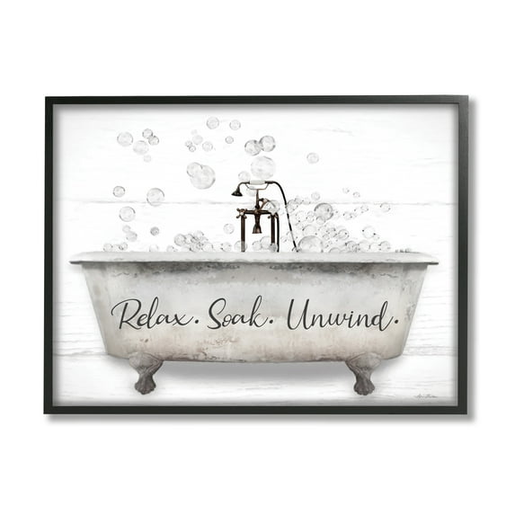 Stupell Relax Soak Unwind Bathtub Bubbles Typography Painting Black Framed Art Print Wall Art