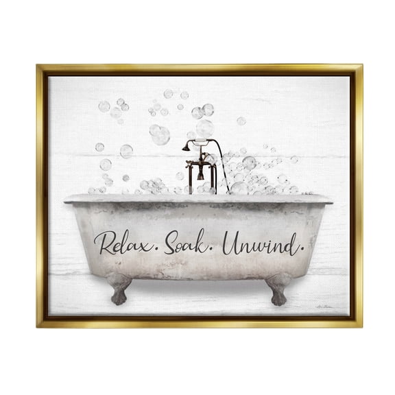 Stupell Relax Soak Unwind Bathtub Bubbles Typography Painting Gold Floater Framed Art Print Wall Art