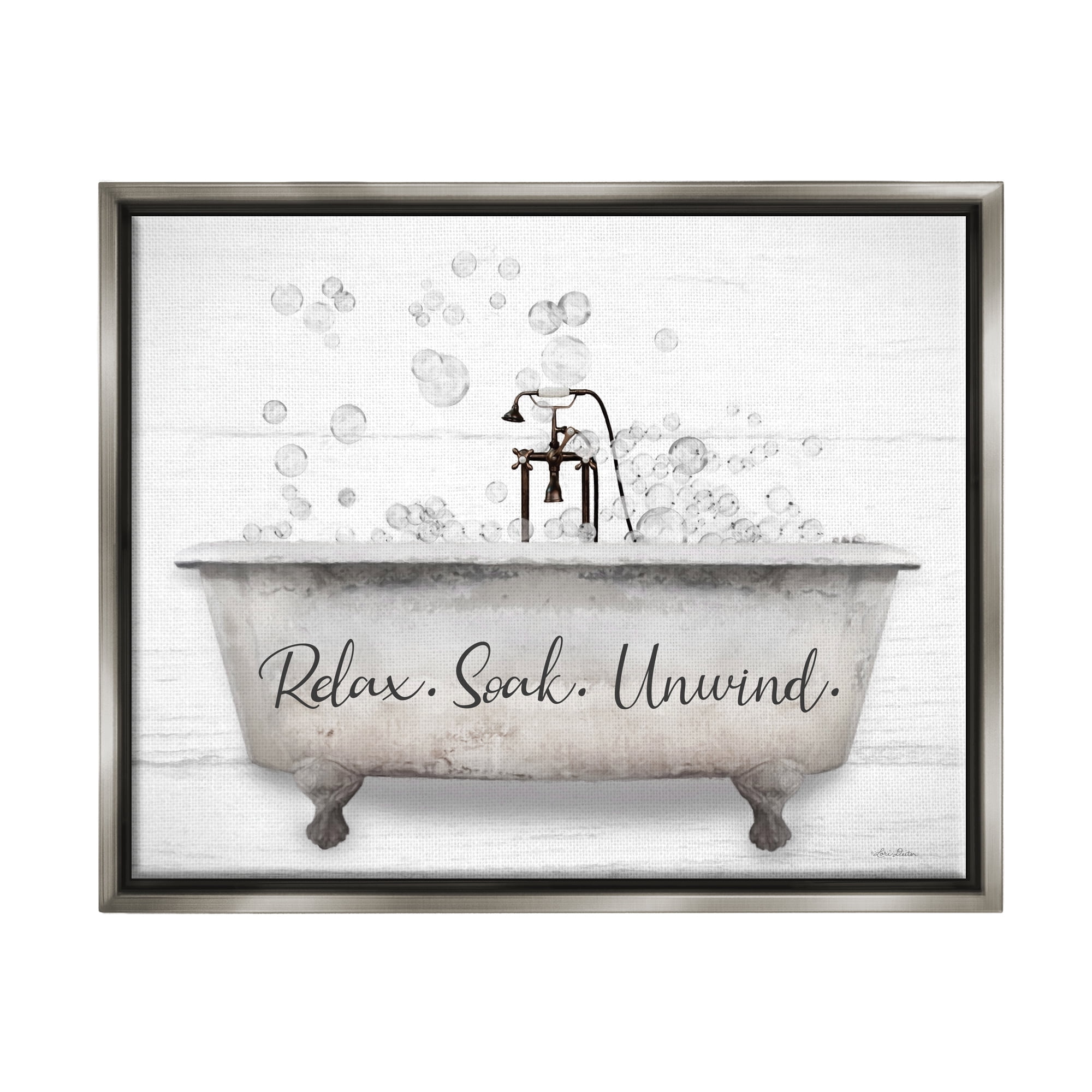 Stupell Relax Soak Unwind Bathtub Bubbles Typography Painting Gray Floater Framed Art Print Wall Art