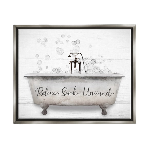 Stupell Relax Soak Unwind Bathtub Bubbles Typography Painting Gray Floater Framed Art Print Wall Art