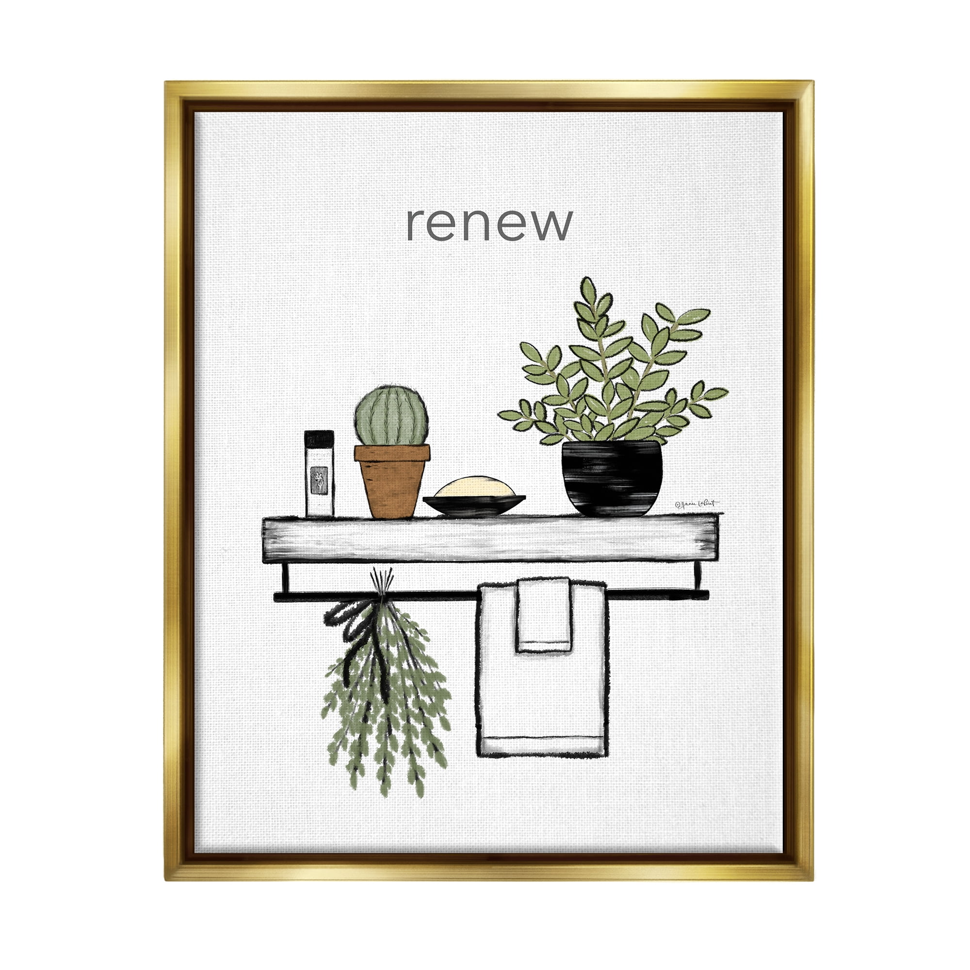 Stupell Renew Bathroom Botanical Spa Plants Typography Painting Gold Floater Framed Art Print Wall Art