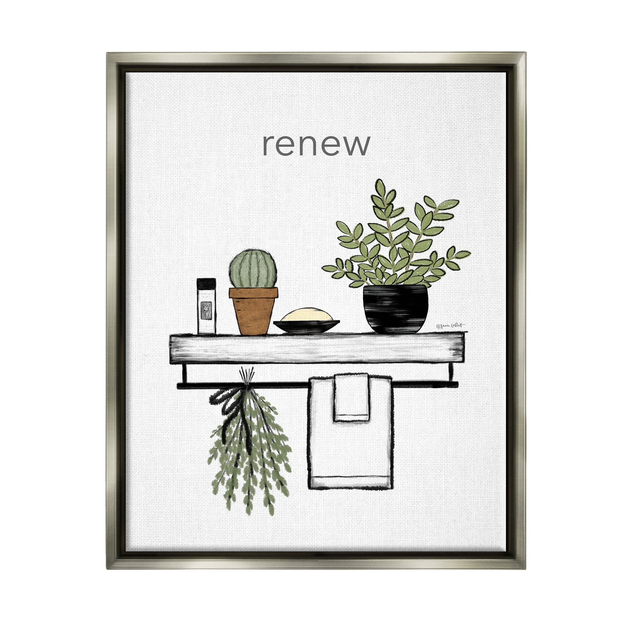 Stupell Renew Bathroom Botanical Spa Plants Typography Painting Gray Floater Framed Art Print Wall Art
