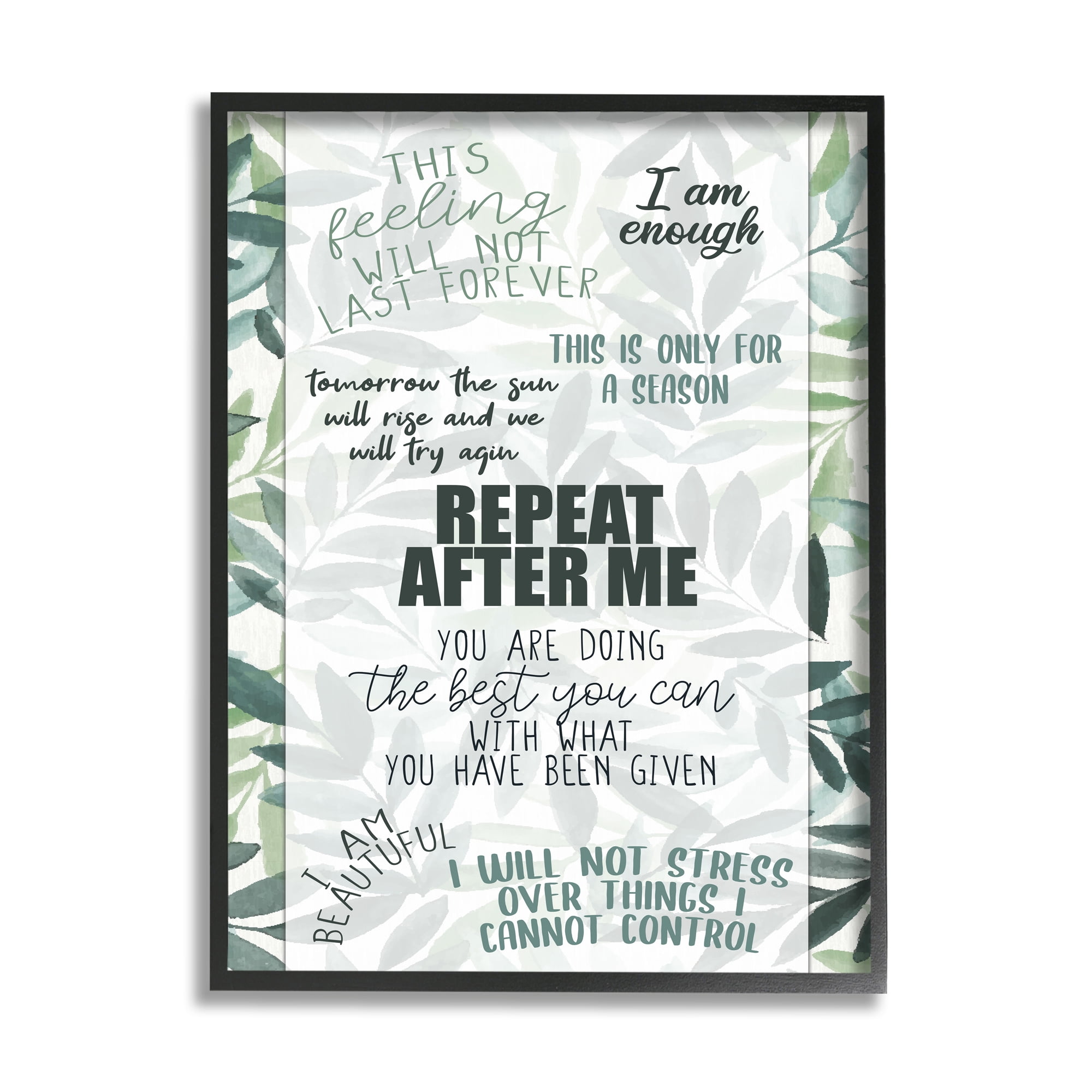 Stupell Repeat After Me Uplifting Motivational Botanical & Floral Painting Black Framed Art Print Wall Art