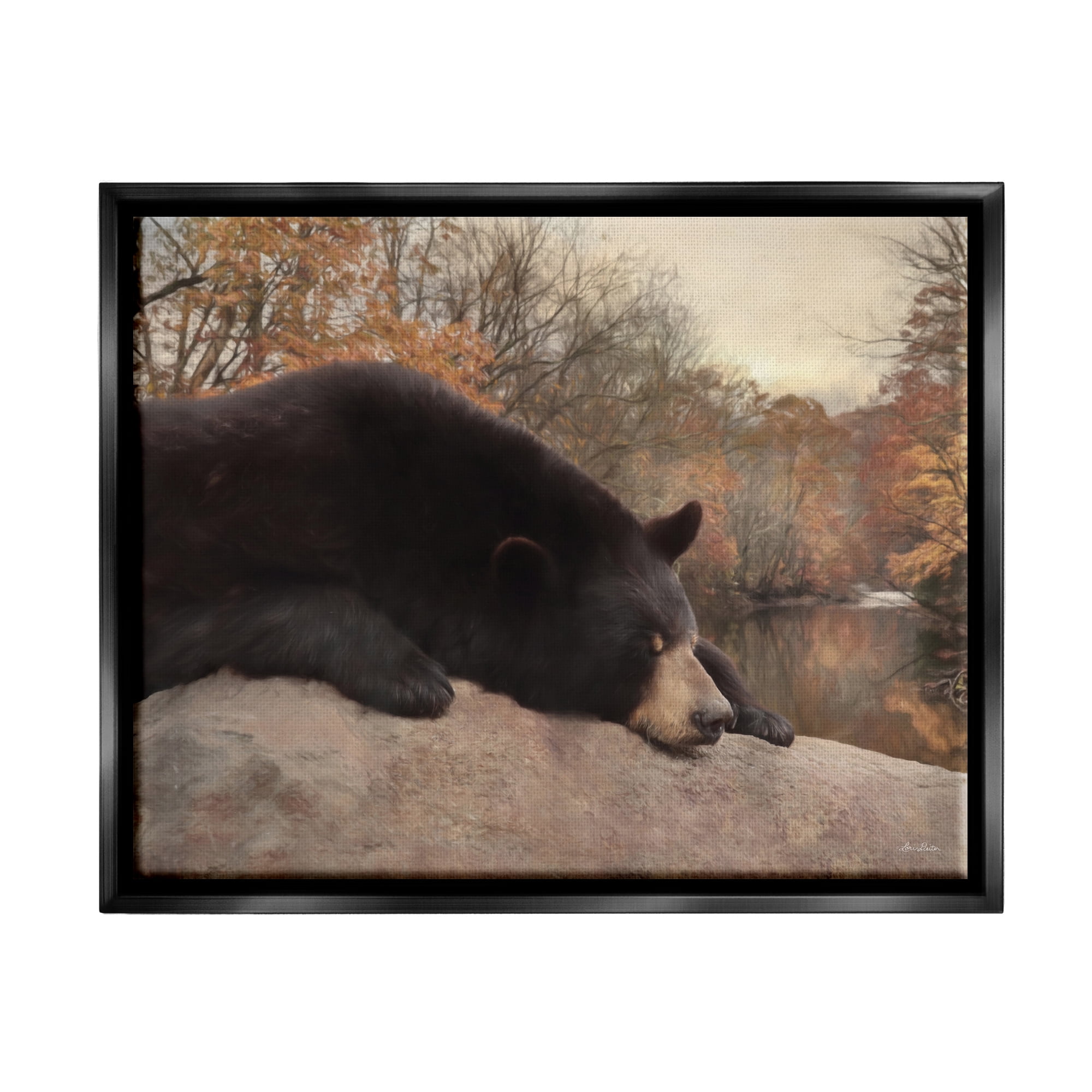Stupell Resting Bear Autumn Foliage Lake Animals & Insects Photography Black Floater Framed Art Print Wall Art