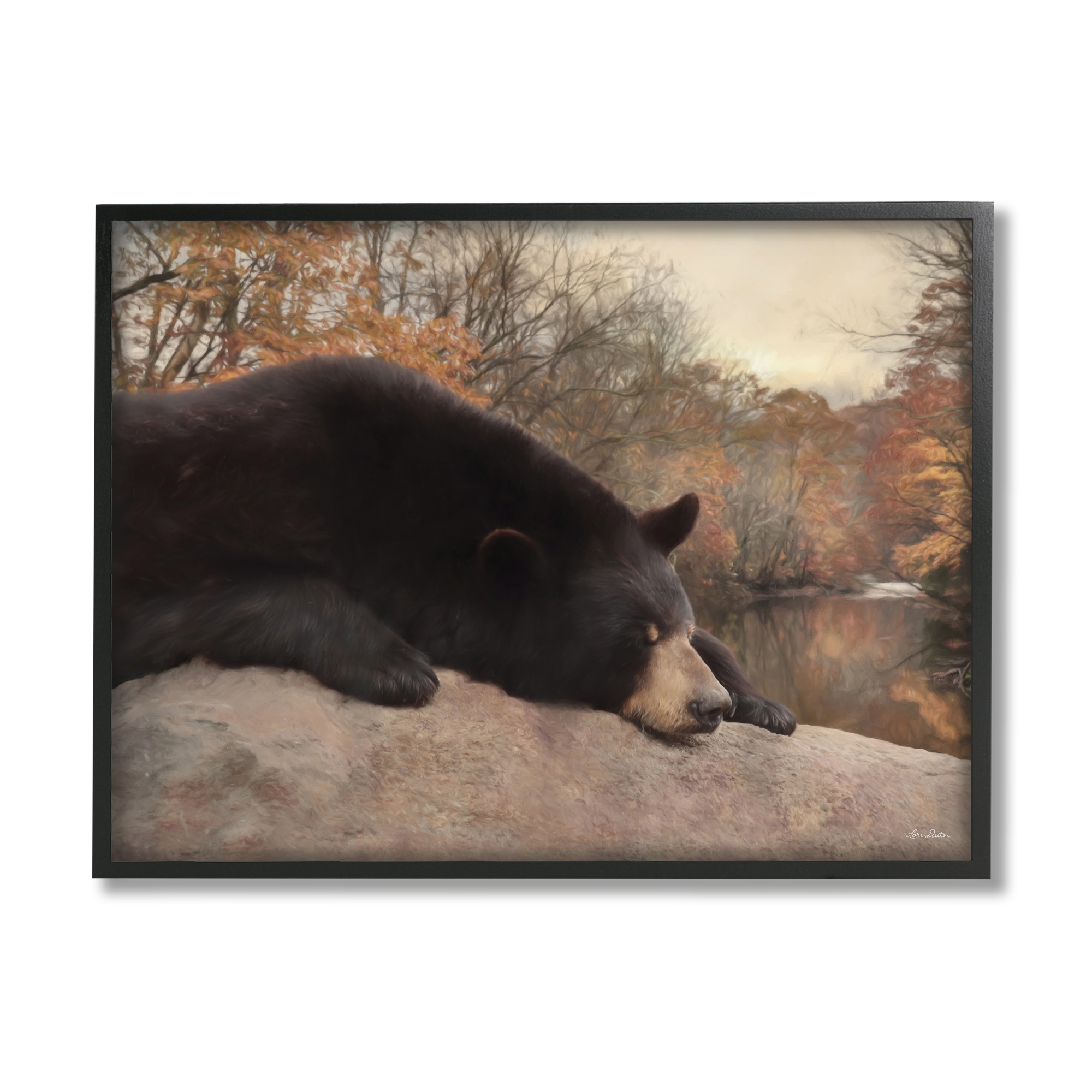 Stupell Resting Bear Autumn Foliage Lake Animals & Insects Photography Black Framed Art Print Wall Art