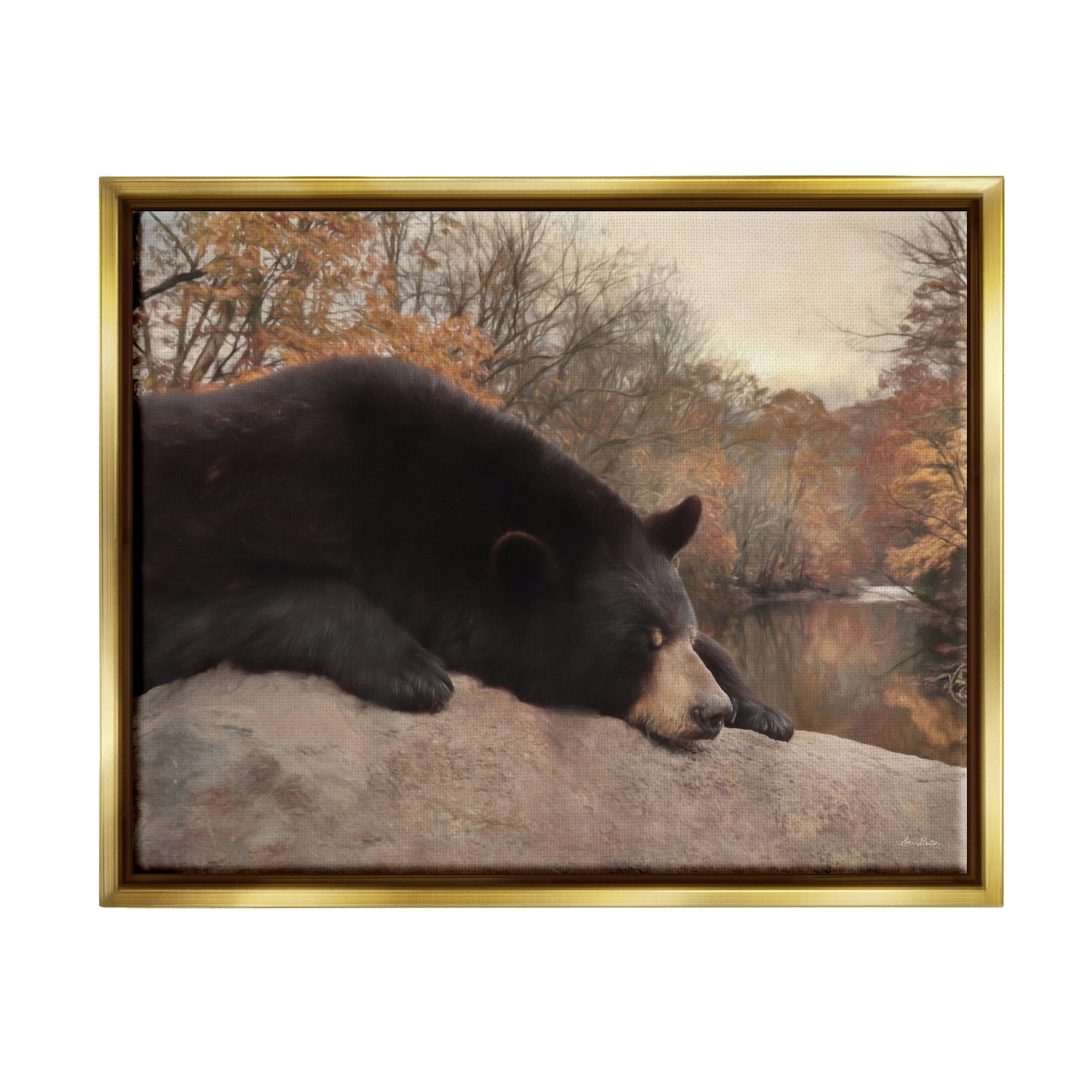 Stupell Resting Bear Autumn Foliage Lake Animals & Insects Photography Gold Floater Framed Art Print Wall Art