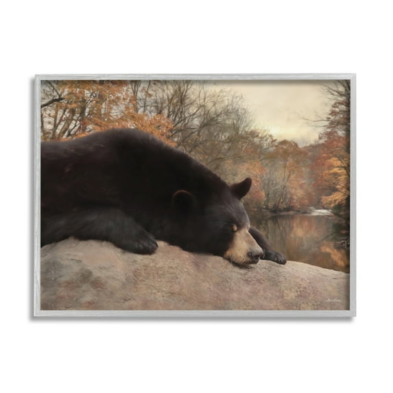 Stupell Resting Bear Autumn Foliage Lake Animals & Insects Photography Gray Framed Art Print Wall Art