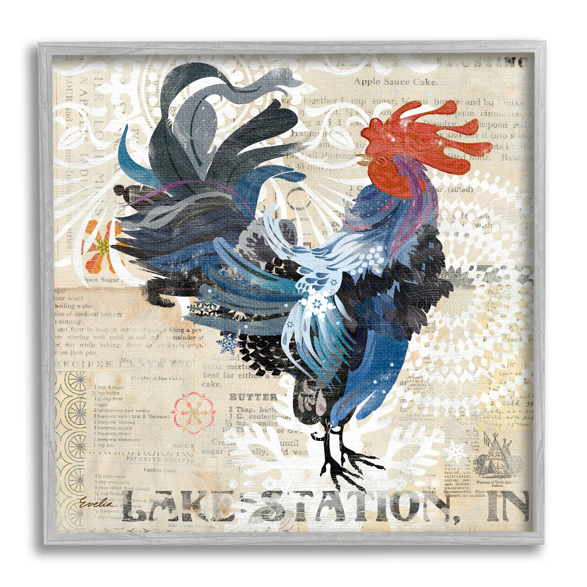 Stupell Retro Rooster Farmhouse Kitchen Animals & Insects Painting Gray Framed Art Print Wall Art