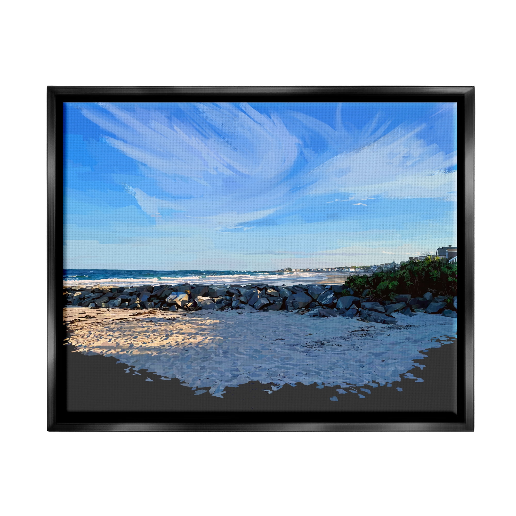 Stupell Rocky Beach Coast Horizon Sky Landscape Painting Black Floater Framed Art Print Wall Art