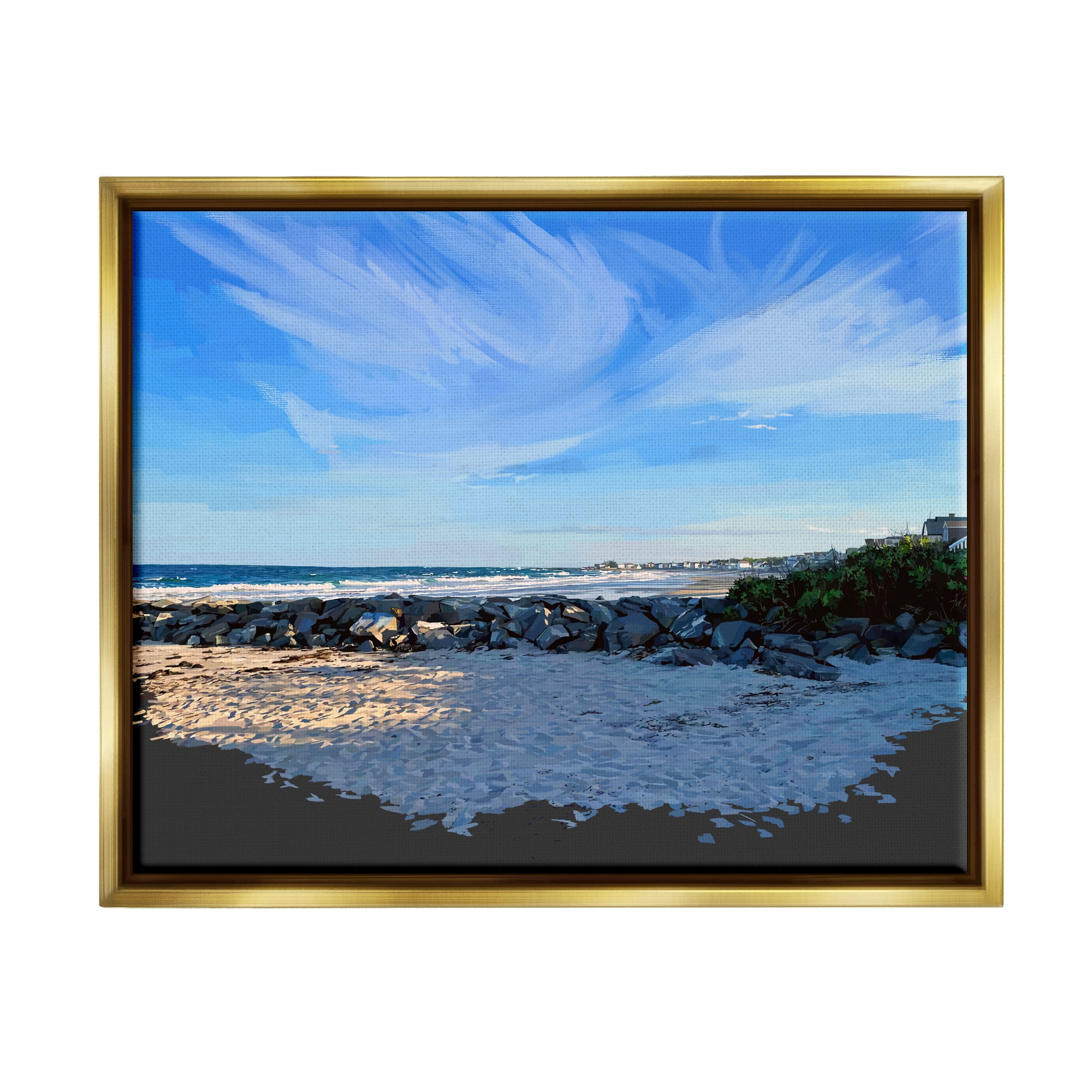 Stupell Rocky Beach Coast Horizon Sky Landscape Painting Gold Floater Framed Art Print Wall Art