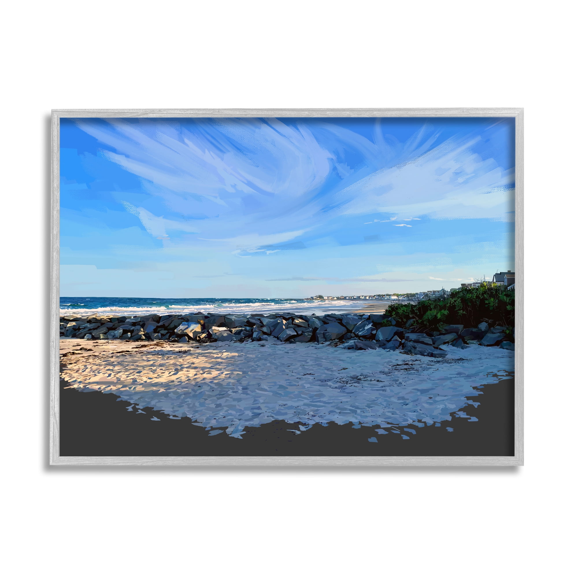 Stupell Rocky Beach Coast Horizon Sky Landscape Painting Gray Framed Art Print Wall Art