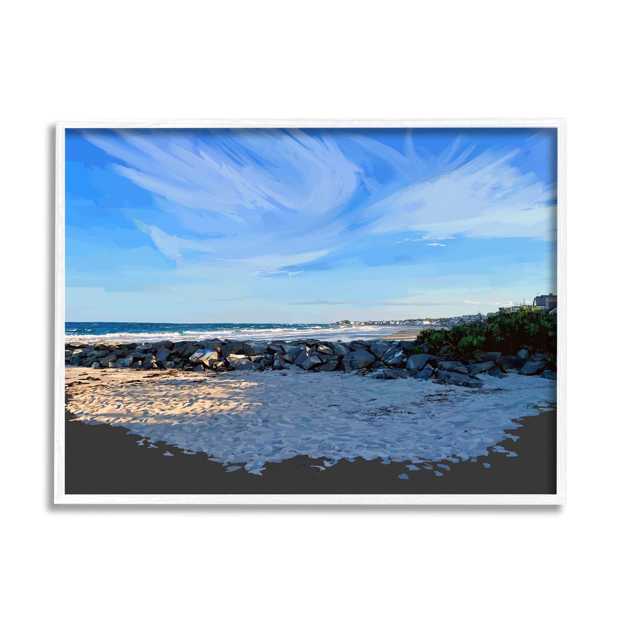Stupell Rocky Beach Coast Horizon Sky Landscape Painting White Framed Art Print Wall Art