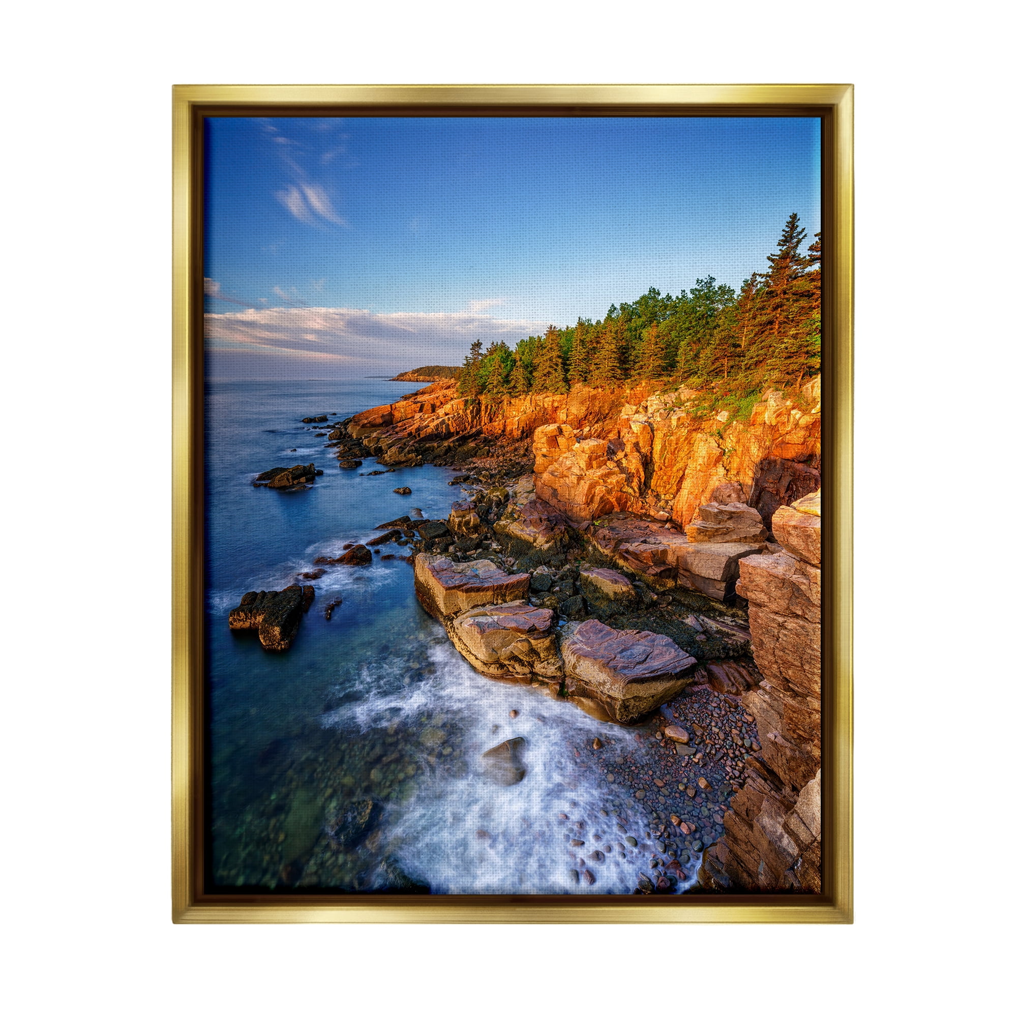 Stupell Rocky Cliffs Shore Beach Foam Landscape Photography Gold Floater Framed Art Print Wall Art