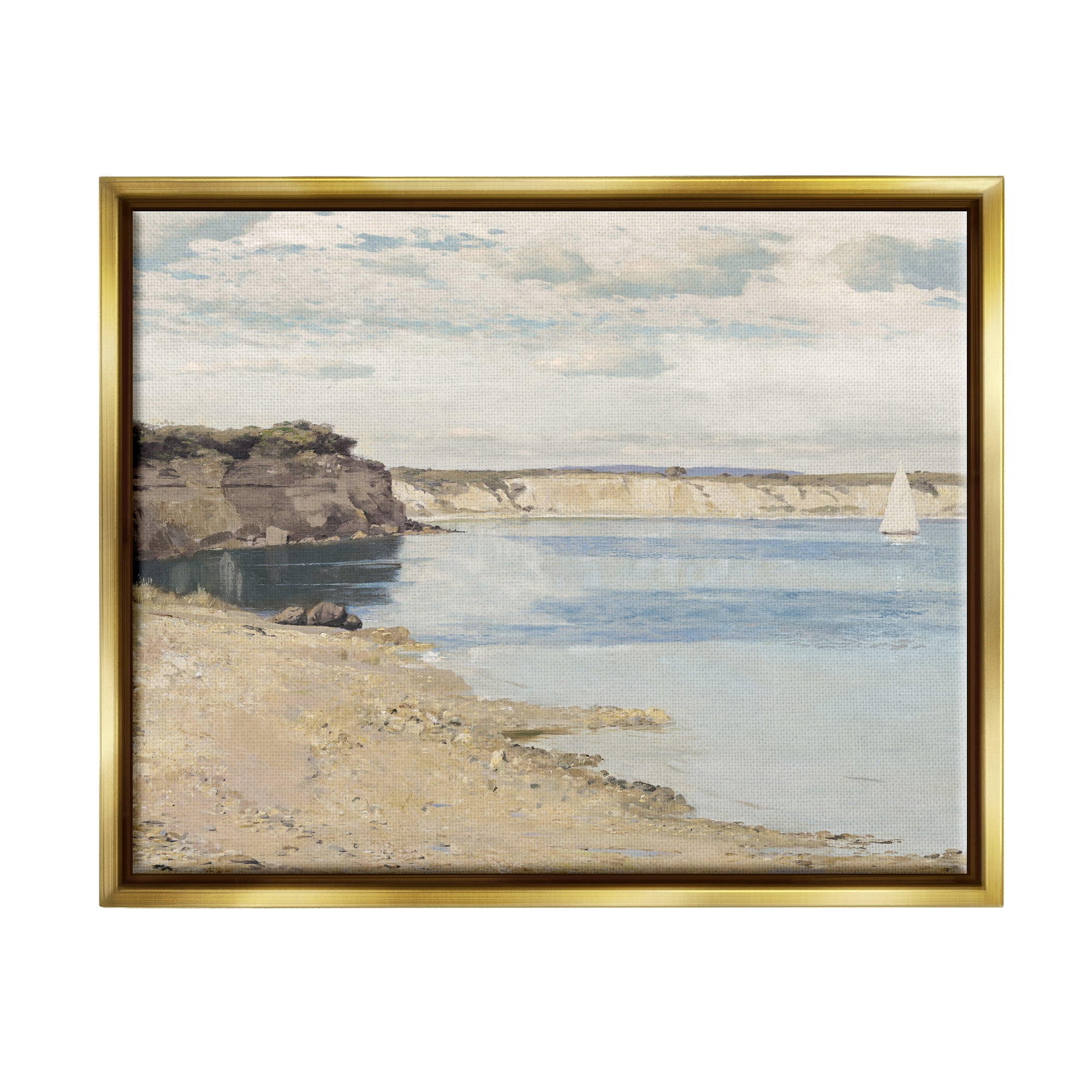 Stupell Rocky Coastal Cove Sailboat Landscape Painting Gold Floater Framed Art Print Wall Art