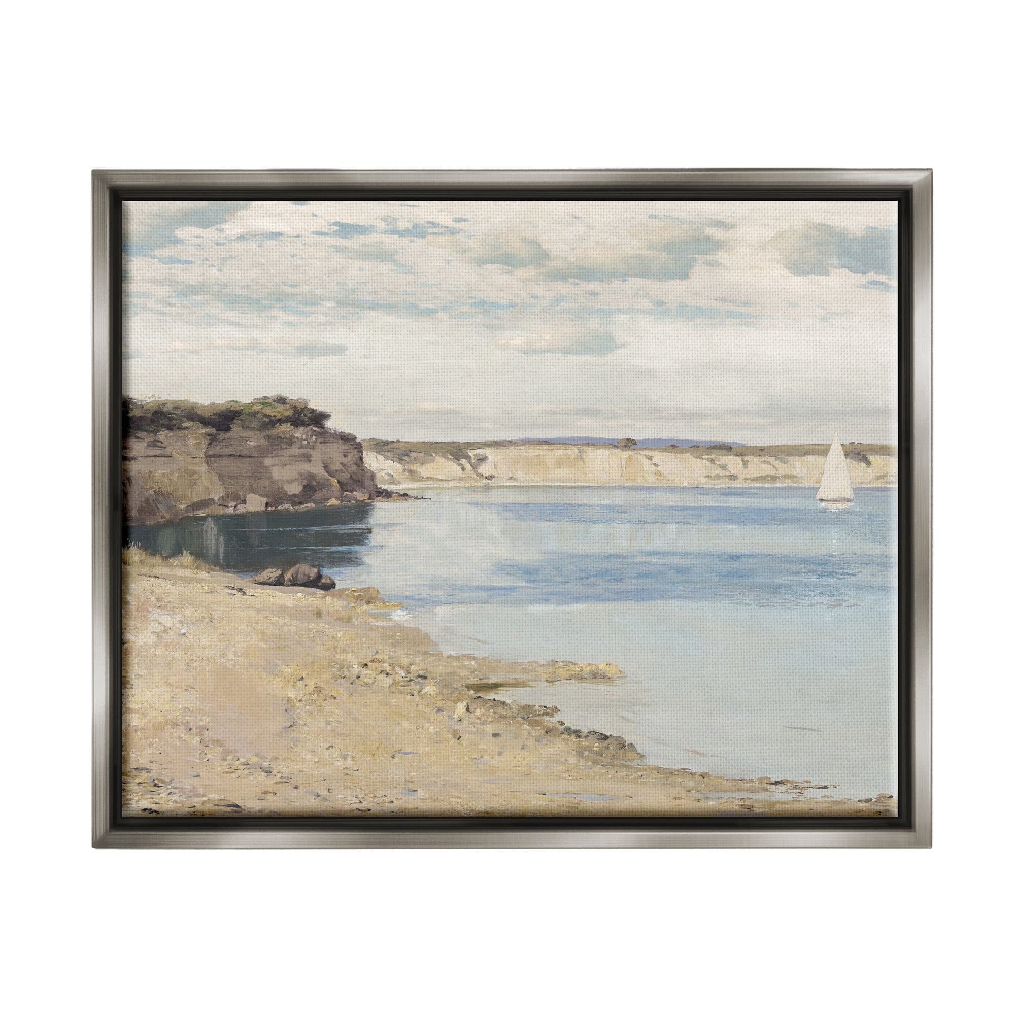 Stupell Rocky Coastal Cove Sailboat Landscape Painting Gray Floater Framed Art Print Wall Art