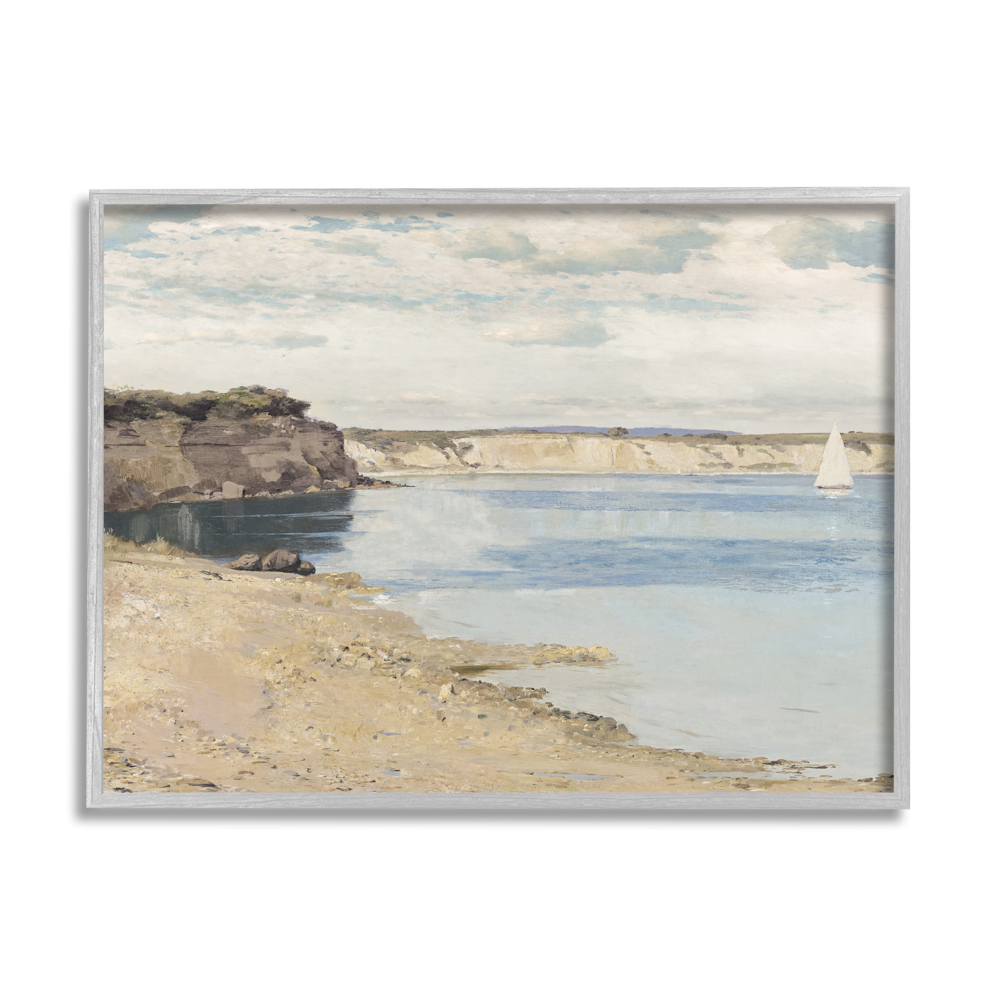 Stupell Rocky Coastal Cove Sailboat Landscape Painting Gray Framed Art Print Wall Art