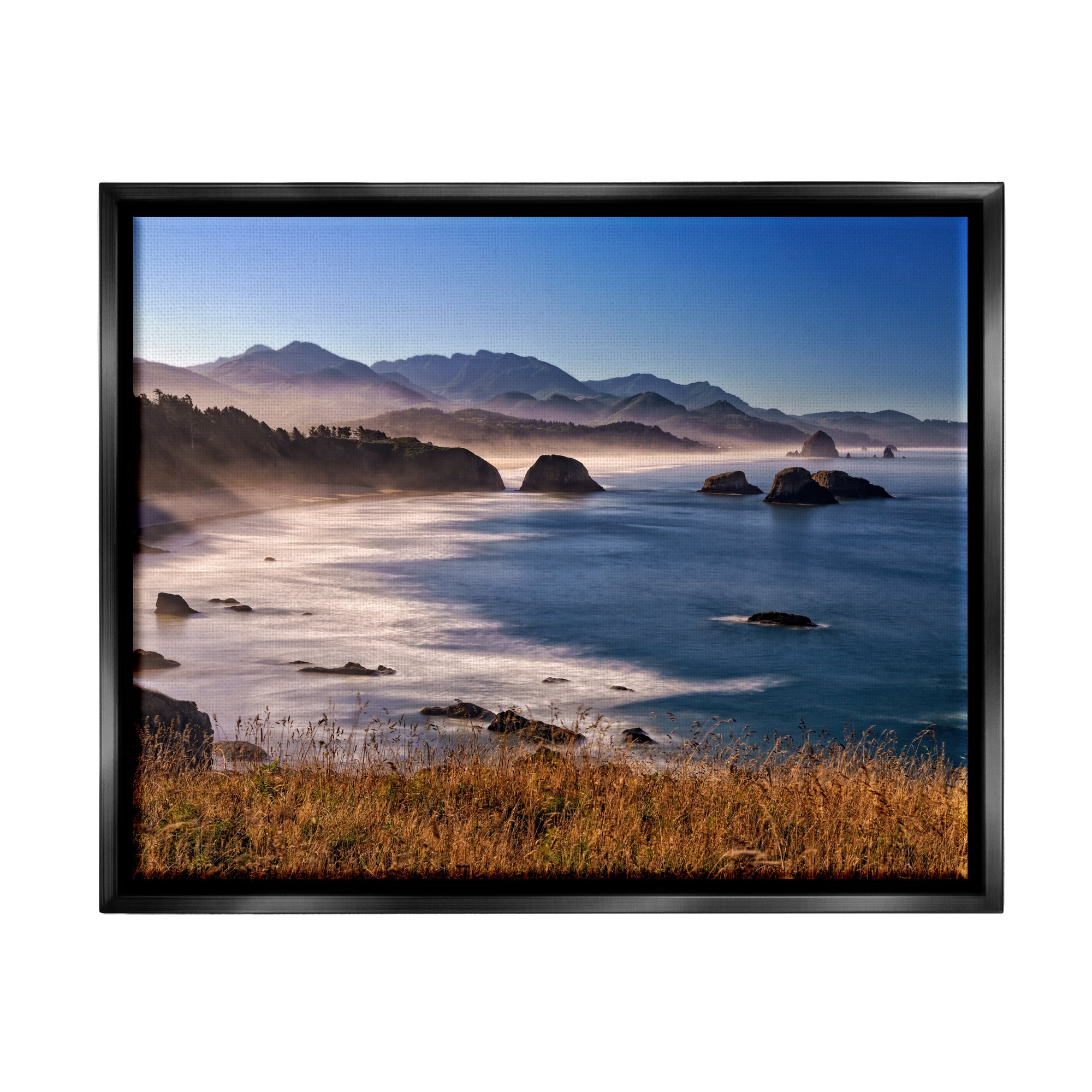 Stupell Rocky Shore Coastal Mountain Peaks Landscape Photography Black Floater Framed Art Print Wall Art