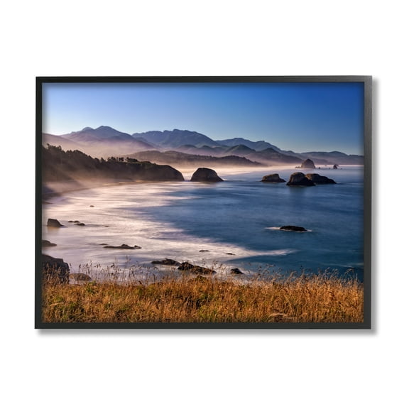 Stupell Rocky Shore Coastal Mountain Peaks Landscape Photography Black Framed Art Print Wall Art