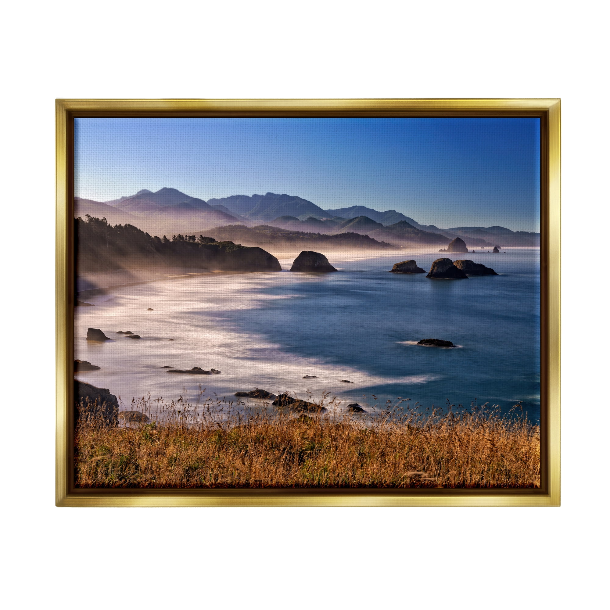 Stupell Rocky Shore Coastal Mountain Peaks Landscape Photography Gold Floater Framed Art Print Wall Art