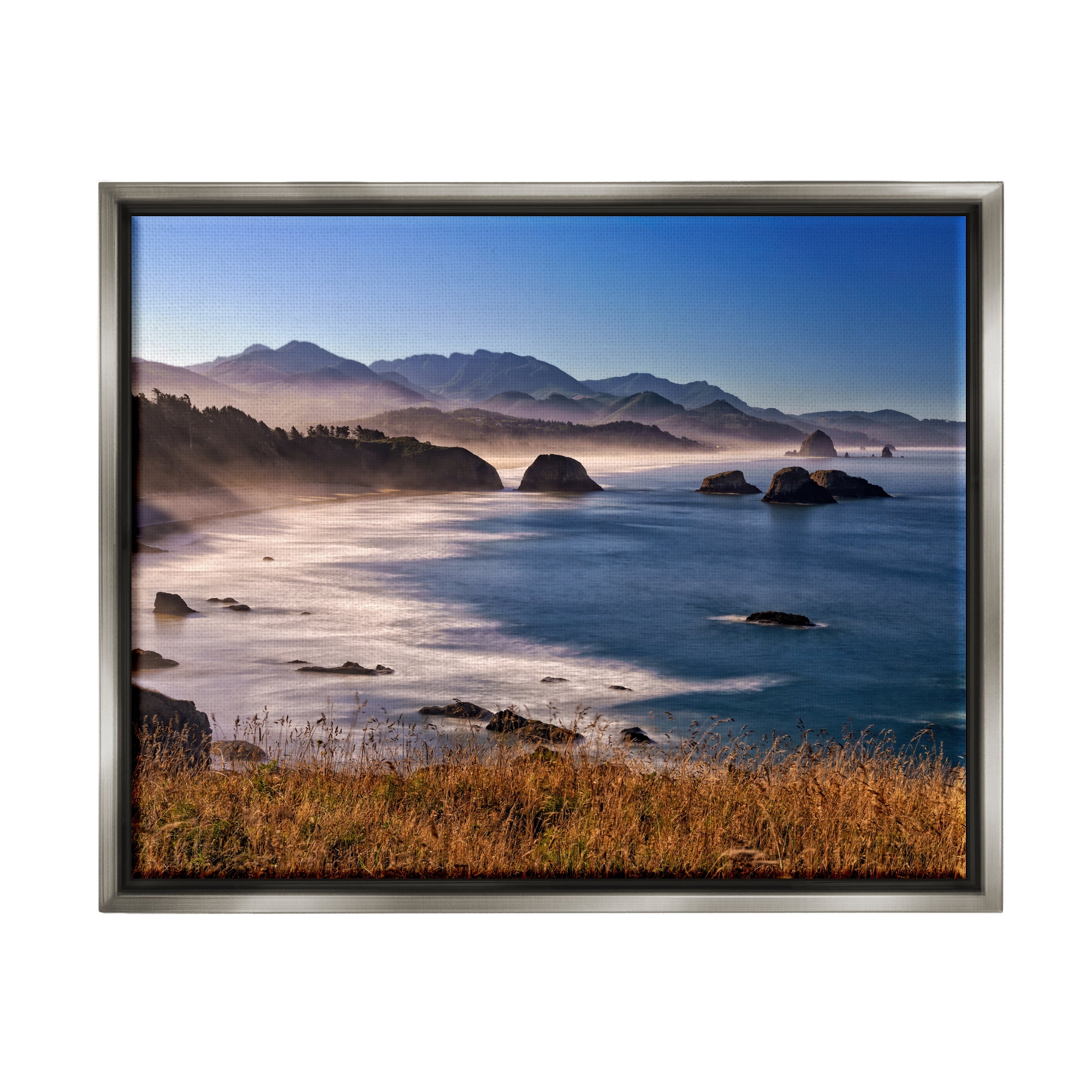 Stupell Rocky Shore Coastal Mountain Peaks Landscape Photography Gray Floater Framed Art Print Wall Art