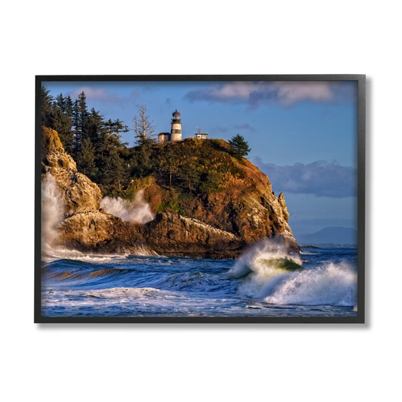 Stupell Rolling Sea Waves Lighthouse Cliff Landscape Photography Black Framed Art Print Wall Art