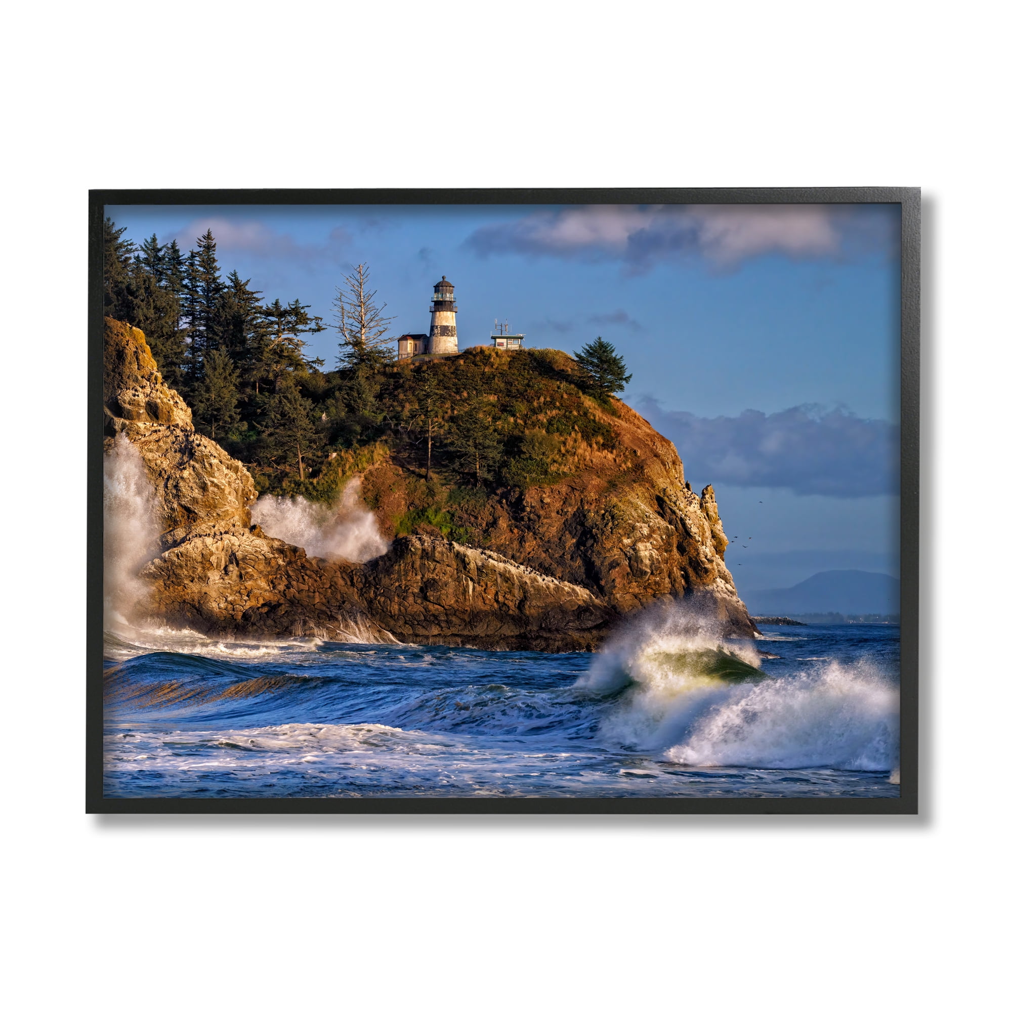 Stupell Rolling Sea Waves Lighthouse Cliff Landscape Photography Black Framed Art Print Wall Art