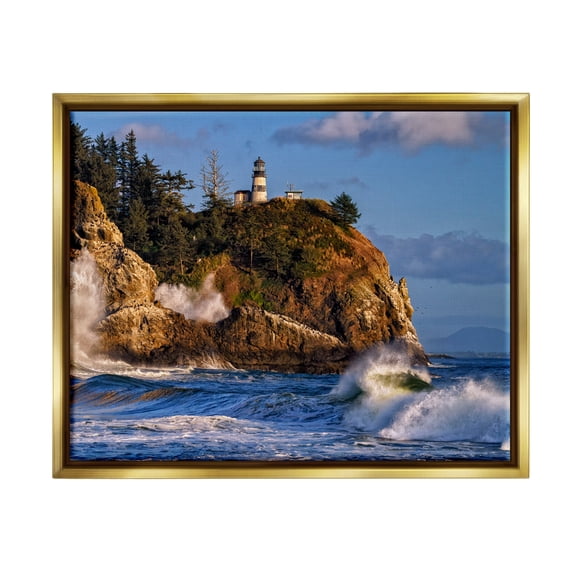 Stupell Rolling Sea Waves Lighthouse Cliff Landscape Photography Gold Floater Framed Art Print Wall Art