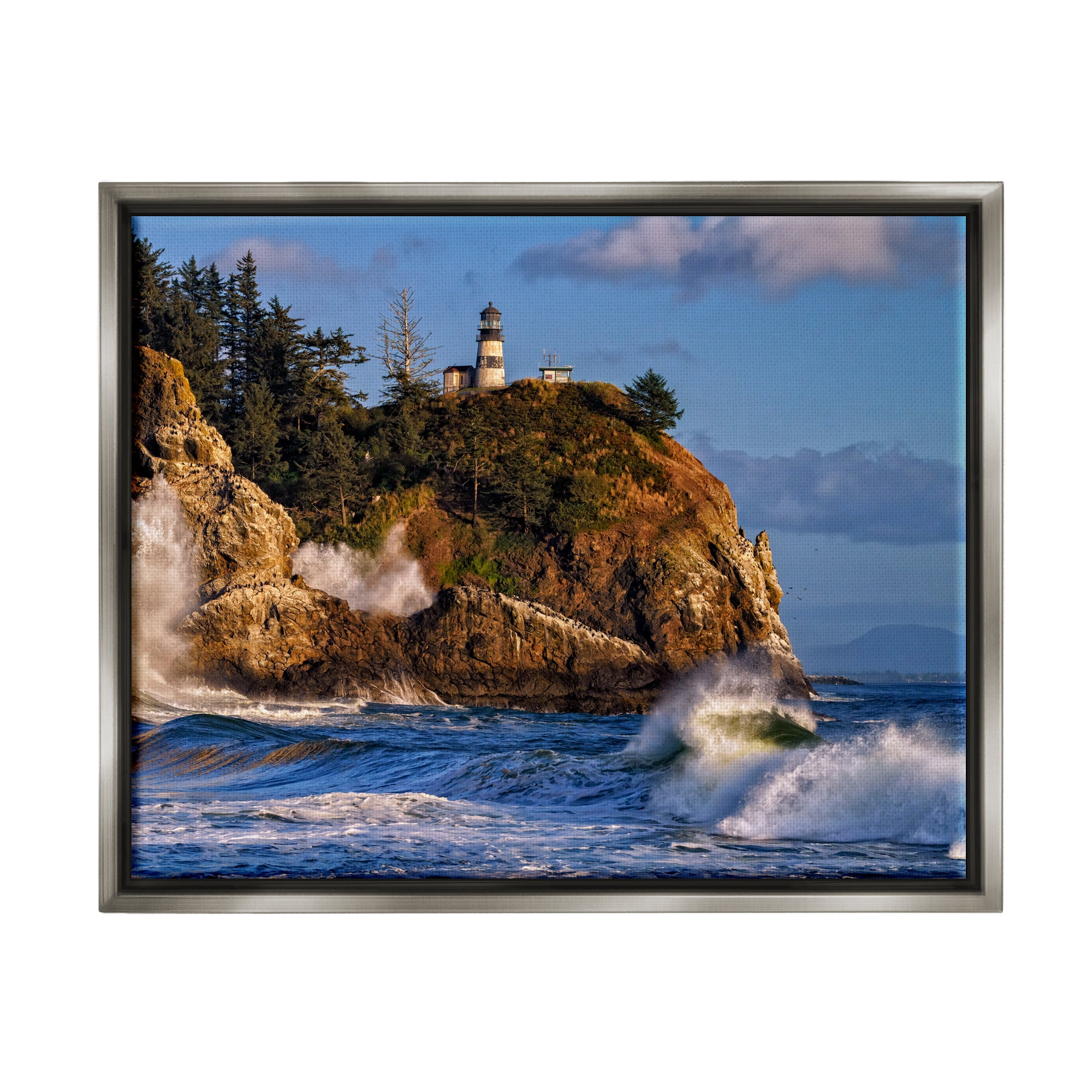 Stupell Rolling Sea Waves Lighthouse Cliff Landscape Photography Gray ...