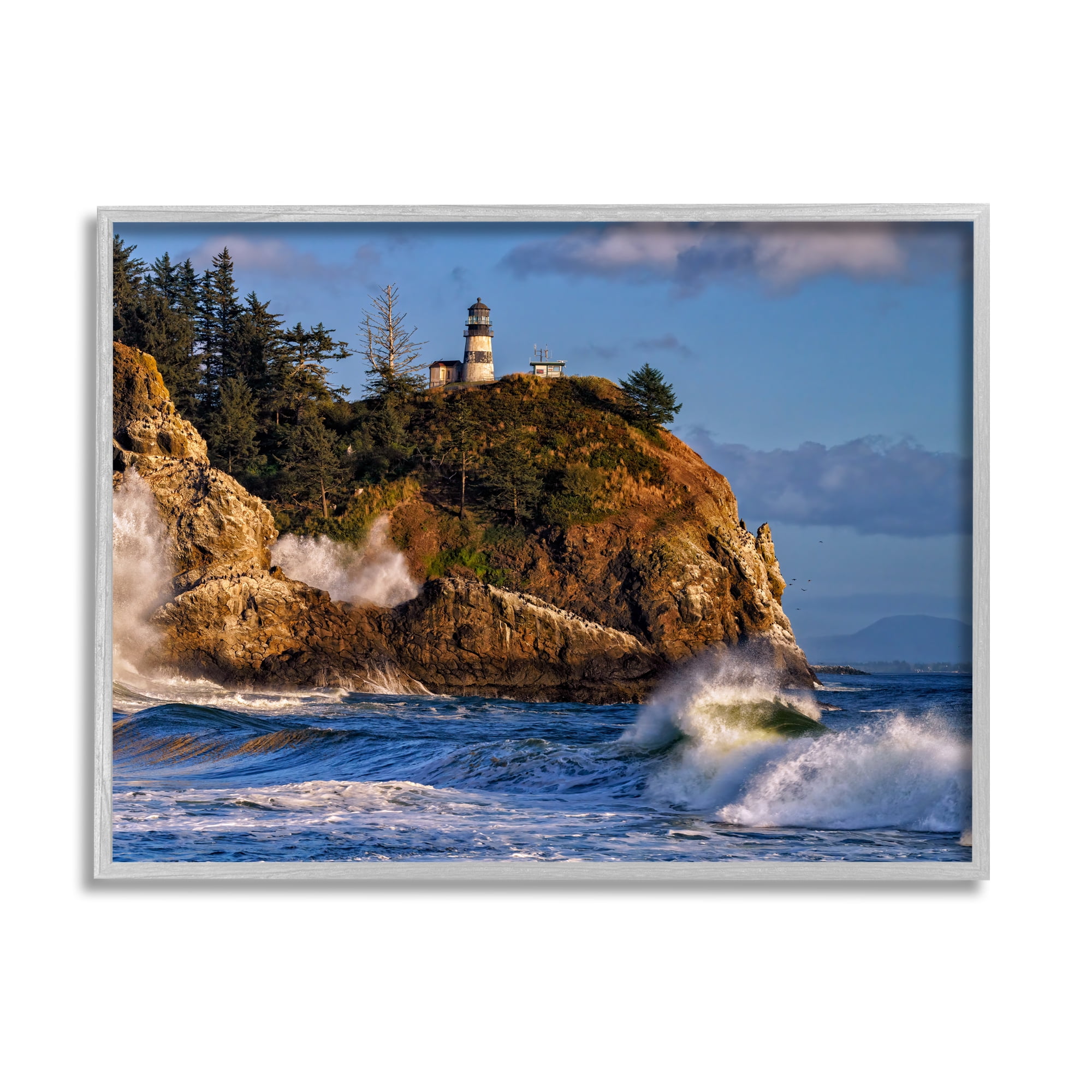 Stupell Rolling Sea Waves Lighthouse Cliff Landscape Photography Gray Framed Art Print Wall Art