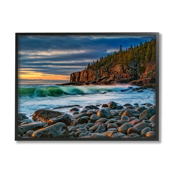 Stupell Rolling Waves Beach Rocks Coast Landscape Photography Black Framed Art Print Wall Art
