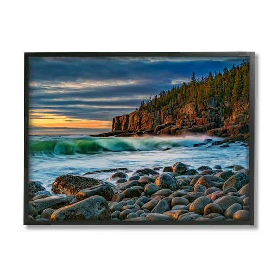 Stupell Rolling Waves Beach Rocks Coast Landscape Photography Black Framed Art Print Wall Art