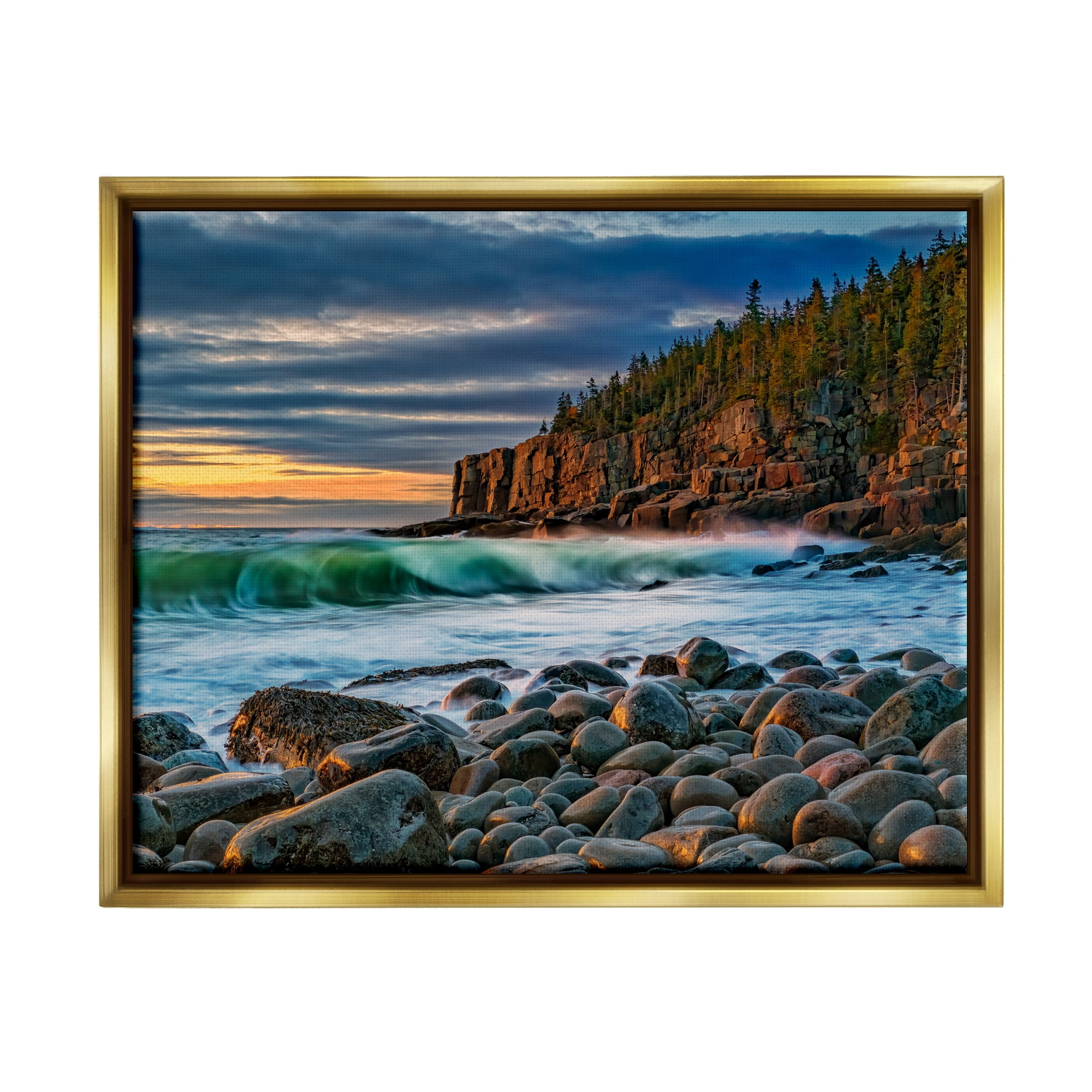 Stupell Rolling Waves Beach Rocks Coast Landscape Photography Gold Floater Framed Art Print Wall Art