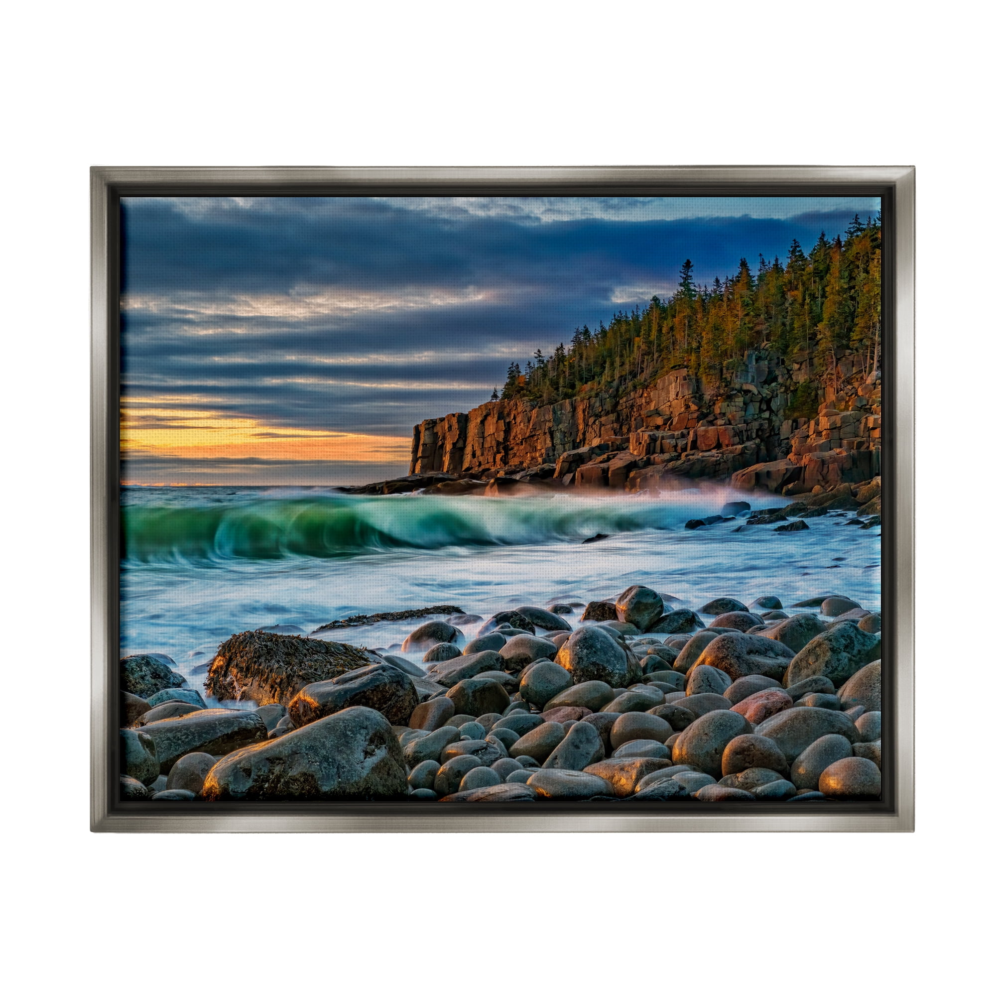 Stupell Rolling Waves Beach Rocks Coast Landscape Photography Gray Floater Framed Art Print Wall Art