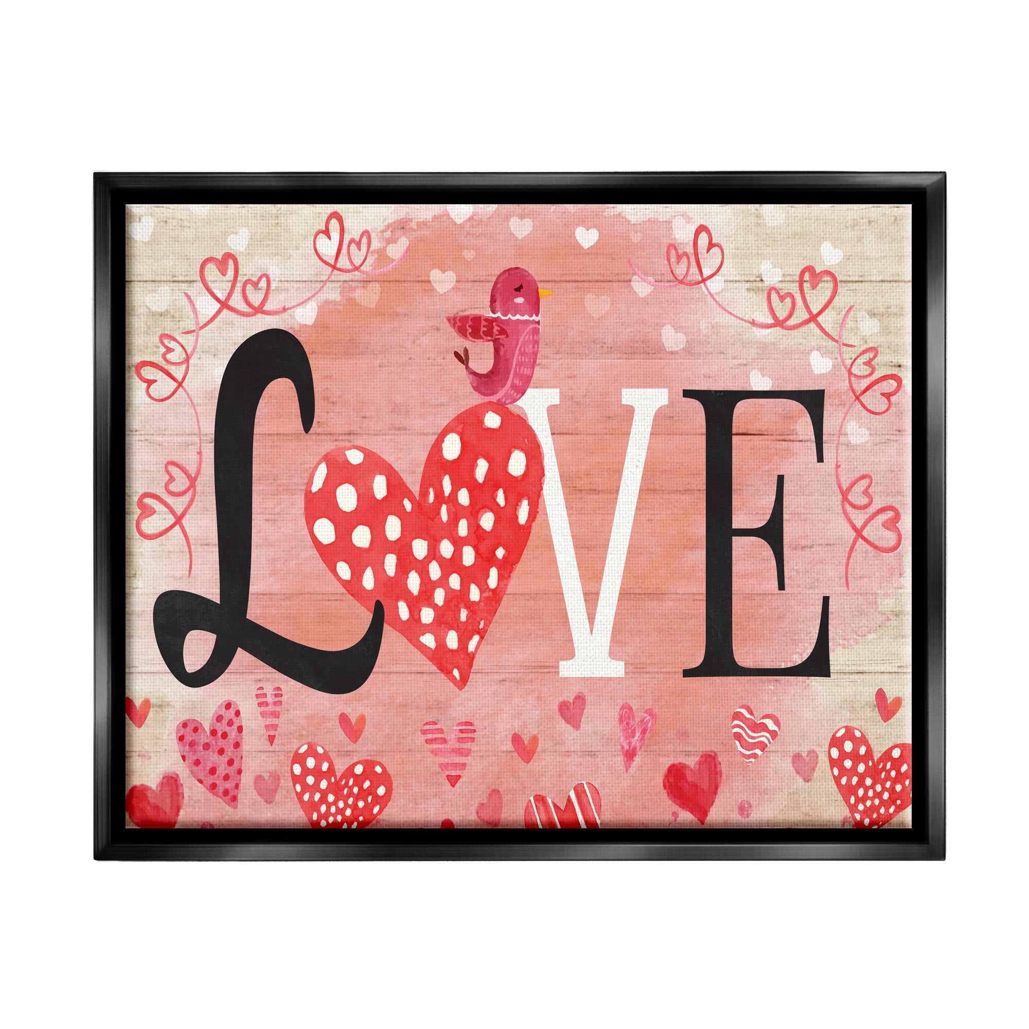 Stupell Romantic Love Patterned Hearts Bird Holiday Painting Black Floater Framed Art Print Wall Art