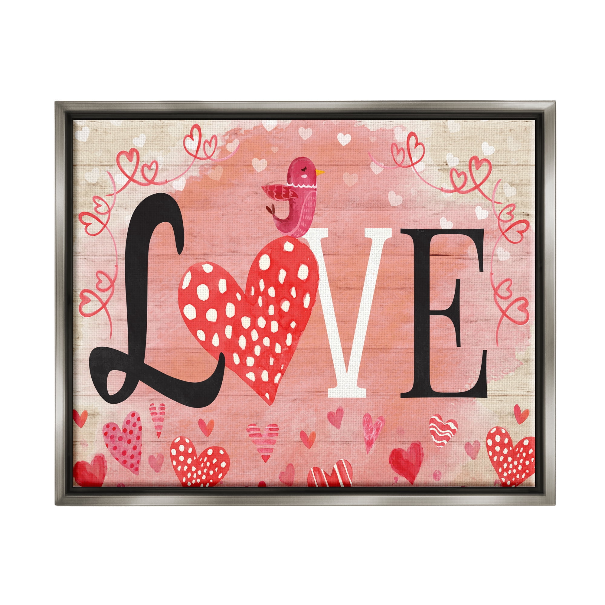 Stupell Romantic Love Patterned Hearts Bird Holiday Painting Gray Floater Framed Art Print Wall Art