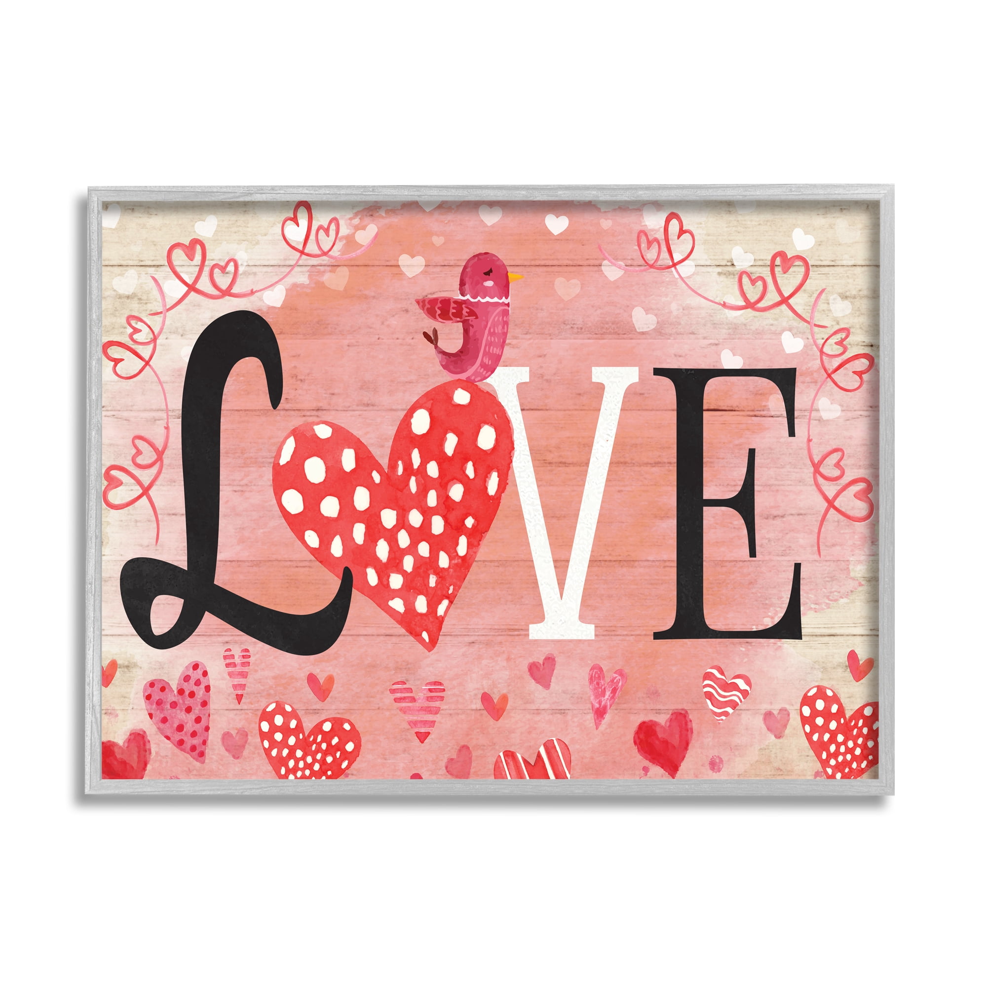 Stupell Romantic Love Patterned Hearts Bird Holiday Painting Gray Framed Art Print Wall Art