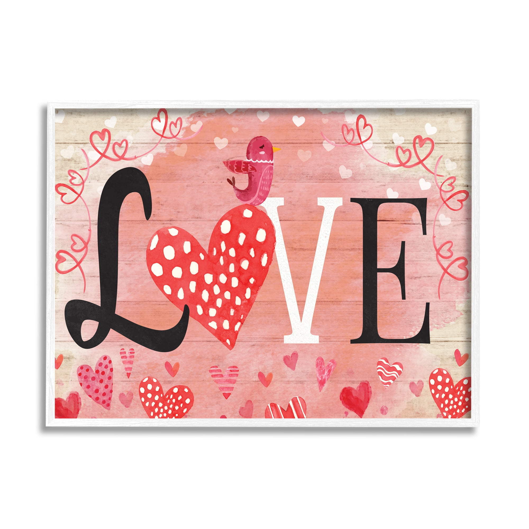 Stupell Romantic Love Patterned Hearts Bird Holiday Painting White Framed Art Print Wall Art