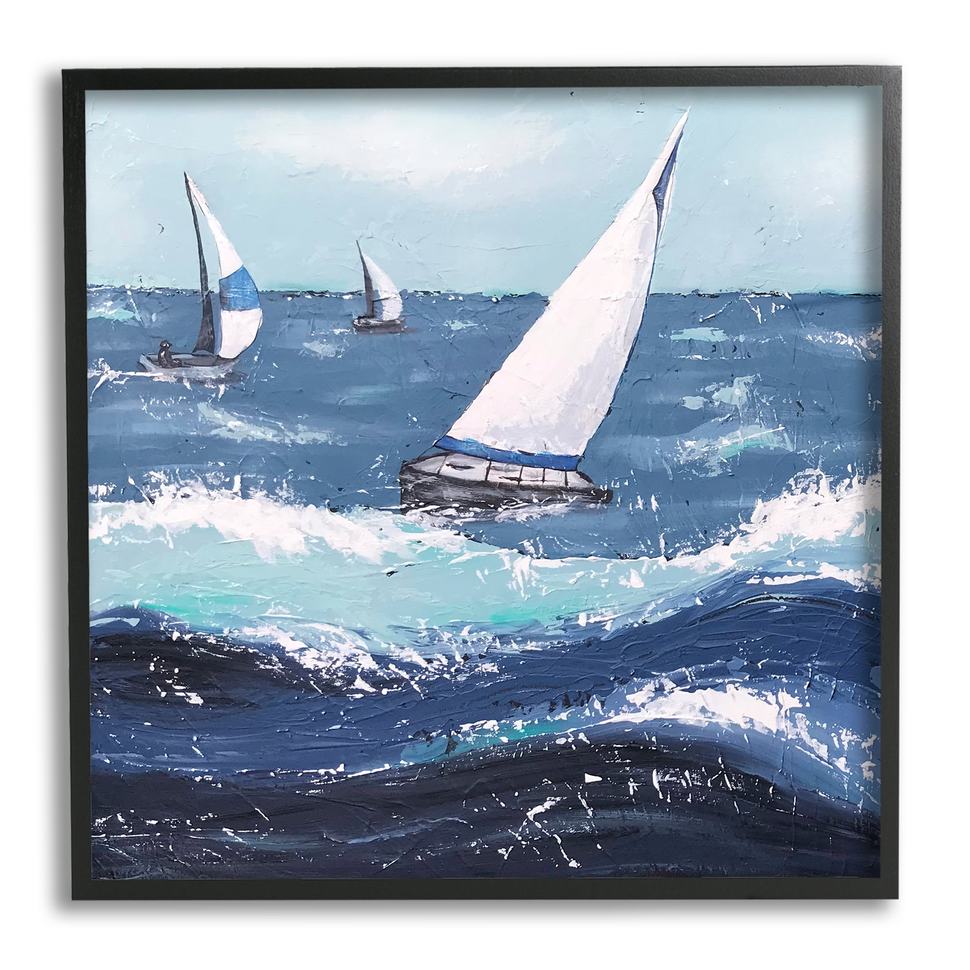 Stupell Rough Ocean Waves Sailing Boats Landscape Painting Black Framed Art Print Wall Art