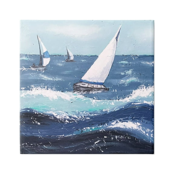 Stupell Rough Ocean Waves Sailing Boats Landscape Painting Gallery Wrapped Canvas Print Wall Art