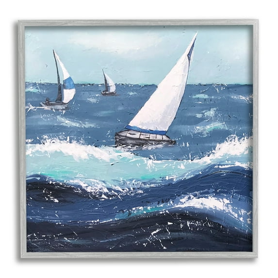 Stupell Rough Ocean Waves Sailing Boats Landscape Painting Gray Framed Art Print Wall Art