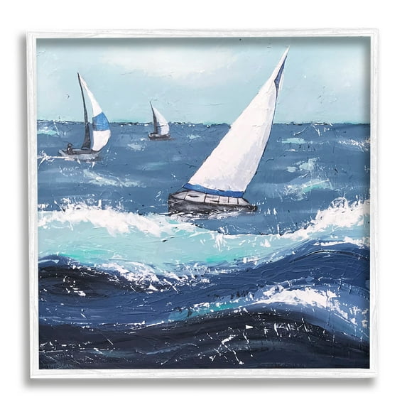Stupell Rough Ocean Waves Sailing Boats Landscape Painting White Framed Art Print Wall Art
