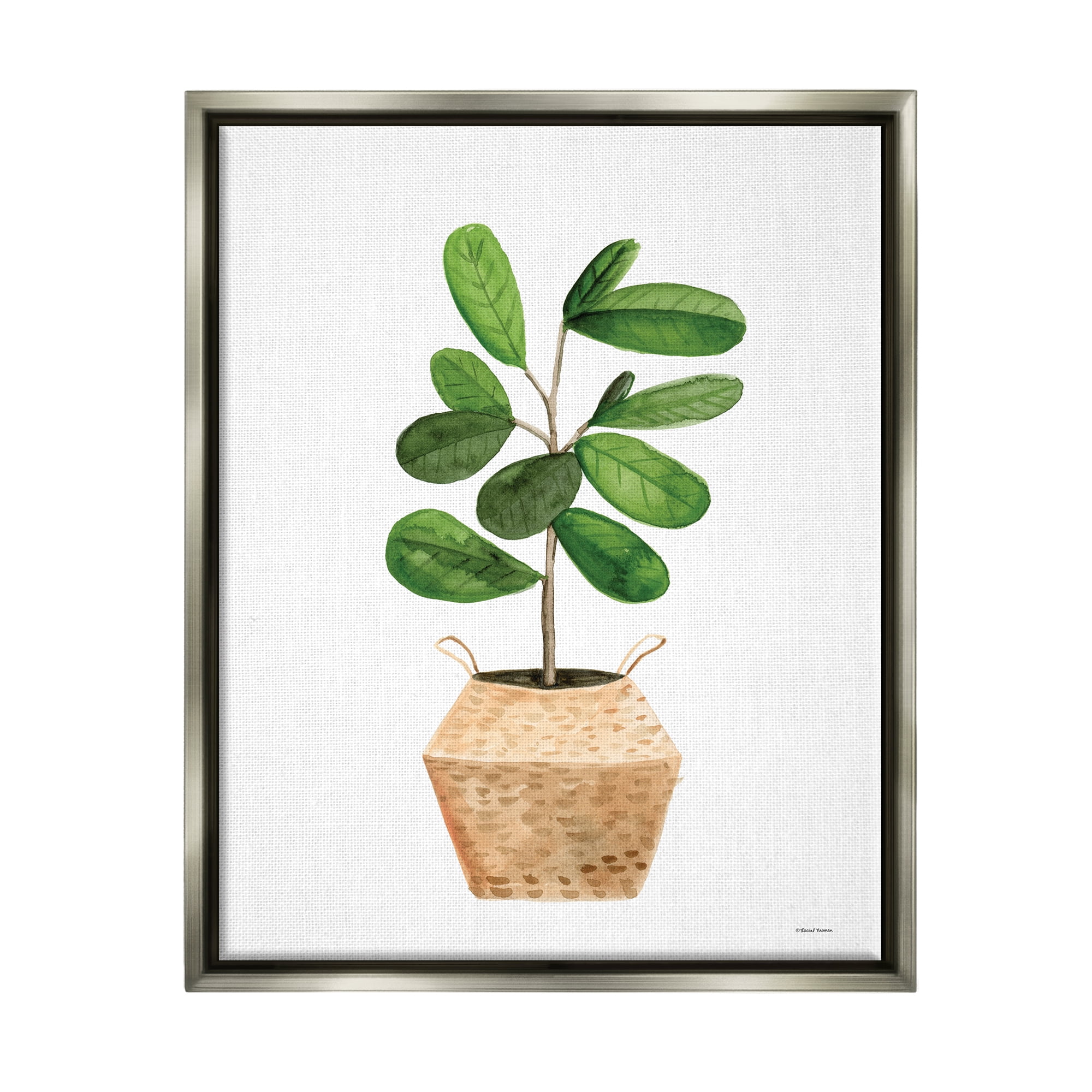 Stupell Round Green Leaves Planter Botanical & Floral Painting Gray Floater Framed Art Print Wall Art