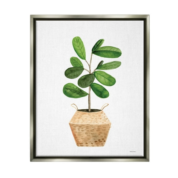 Stupell Round Green Leaves Planter Botanical & Floral Painting Gray Floater Framed Art Print Wall Art