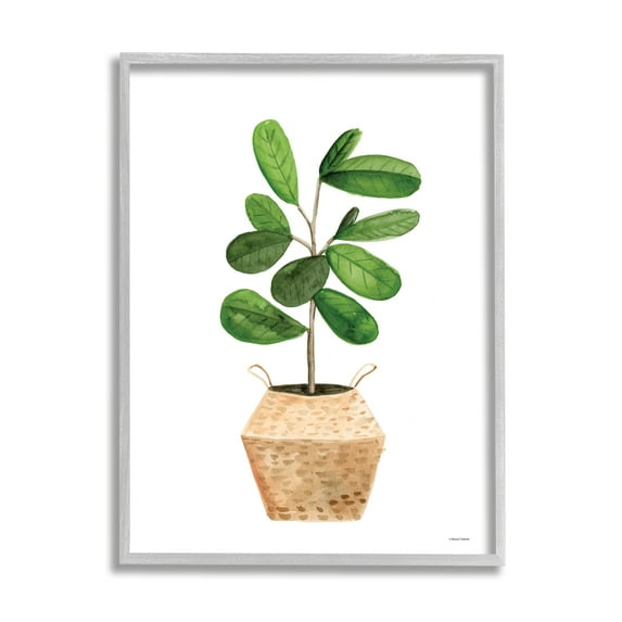 Stupell Round Green Leaves Planter Botanical & Floral Painting Gray Framed Art Print Wall Art