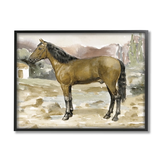 Stupell Rural Brown Horse Country Scene Animals & Insects Painting Black Framed Art Print Wall Art